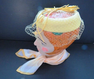 1950s Ring Hat with Veil - Lemon Yellow Hat Streamers Polka Dots Veil - Image 1 of 4