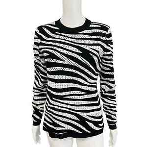 KAREN MILLEN Black White Zebra Knit Crewneck Long Sleeves Pullover Sweater L