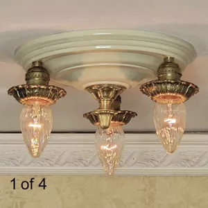 951b Antique 1910's 20's Brass Ceiling Light fixture chandelier 1 of 2 - Picture 1 of 10