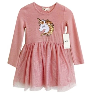 Btween Unicorn Sequin Dress Sparkle Tulle Long Sleeve Pink Girl Size 5 - Picture 1 of 6