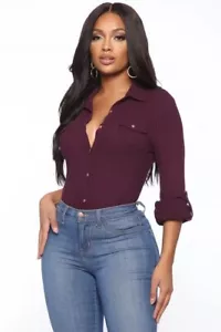 Fashion Nova Women XL Plum Button Up Sexy Collared Waffle Thermal Shirt Top NEW - Picture 1 of 5