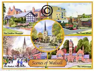 WALSALL 5 SCENES COMBINATION WATERCOLOUR ARTISTS PRINT GREETINGS CARD 8"x 6" - Picture 1 of 1