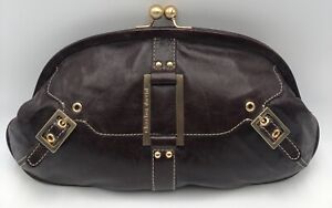 CHARLES DAVID Dark Brown Leather Gold Kisslock Clutch Bag