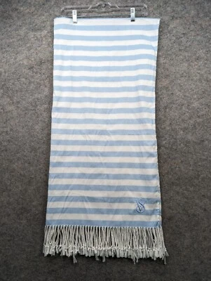 Victorias Secret Beach Picnic Blanket 34 x 64 Fringe Blue White Stripped Logo - Image 1 of 4