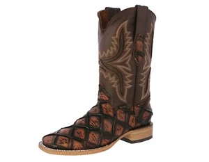 Mens Cognac Western Boots Leather Pirarucu Fish Print Cowboy Dress Square Toe - Picture 1 of 5
