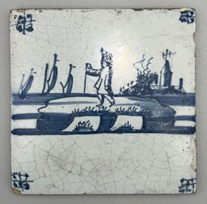 Antique Delft Tile Hand Painted Fisherman Dutch Landscape Boats Village 13cm - Picture 1 of 16