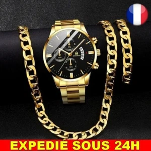 ✅ Men's Watch + Strap + Quartz Chain Necklace Bracelet Jewelry Gift Idea - Picture 1 of 3