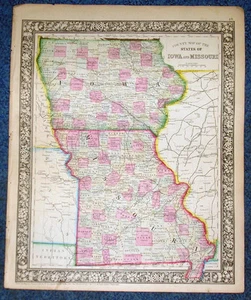 Origial 1860 Mitchell Karte von IOWA & MISSOURI - Bild 1 von 6