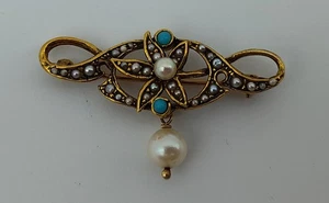 Vintage Turquoise 14k Y. Gold Pearl Dangle Flower Leaf Brooch Pin Lapel - Picture 1 of 7
