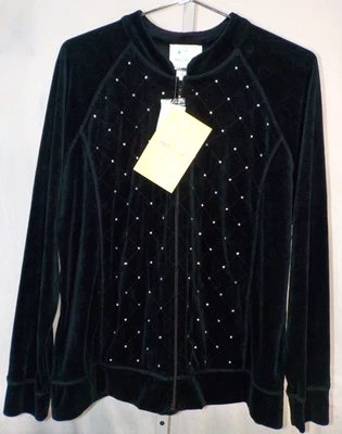 Quacker Factory by QVC Black Velour Full Zip CARDIGAN Jacket Rhinestone sz L NWT - Image 1 of 4
