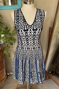 RVN Argyle animal Patterned fit and flare Jacquard Dress with 3D navy accents, L - Picture 1 of 12