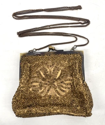 Vintage fully Beaded Clutch shoulder chain Purse Pure 100% Silk coin bronze - Image 1 of 4