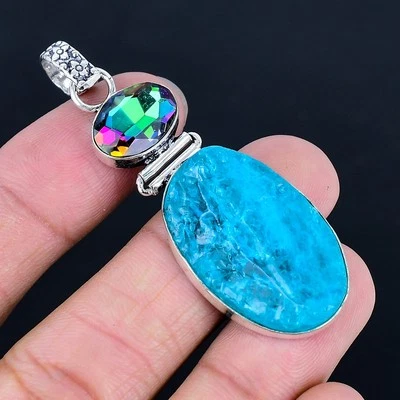 Blue Titanium Quartz 925 Silver Plated Handmade Pendant of 2.56" - Image 1 of 3