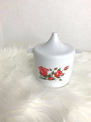 Melaform Plastic Sugar Dish With Lid White with Red Roses  - Image 1 of 4