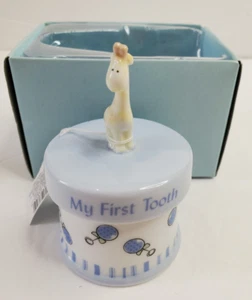 Russ Baby Lidded Trinket Box "My First Tooth" Blue White Round Ceramic Giraffe - Picture 1 of 7