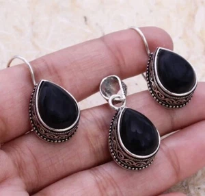 SET ORECCHINI CIONDOLO ARGENTO STERLING 925 NERO NATURALE FATTI A MANO ANTICHI - Foto 1 di 2