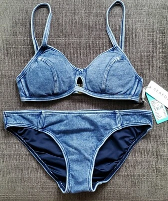 Bralette de bikini vaquero azul denim Seafolly Deja (US 4) e parte inferior hipster (US 8) Foto 1 de 4