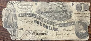 One Dollar $1 Confederate Currency 1862 Heavily Circulated CSA #75867 - Picture 1 of 2