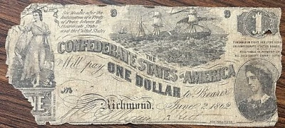 One Dollar $1 Confederate Currency 1862 Heavily Circulated CSA #75867 - Image 1 of 2