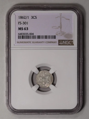 1862/1 Three Cent Piece - Silver Type 3 3CS NGC MS63 Cover
