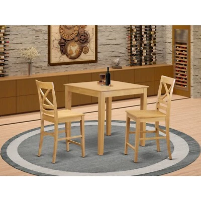 Pub Table Set-Pub Table And Counter Height Chairs Oak 3 Square Wood Seat - Image 1 of 4
