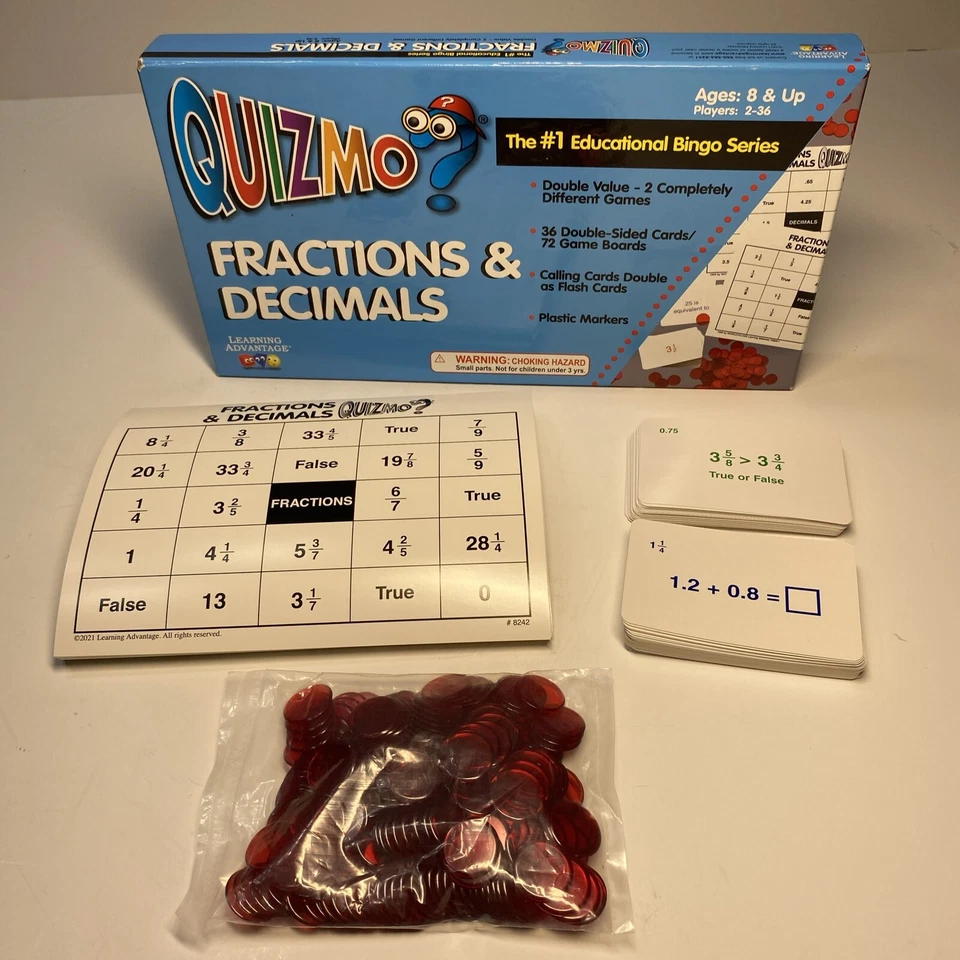 QUIZMO FRACTIONS & DECIMALS #1 Educational Bingo Series Game-Math-Homeschool - Image 1 of 4