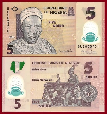 Nigeria P38d 5 Naira, Prime Minister Balewa / Nkpokiti dancers, drums  POLYMER - Image 1 of 2