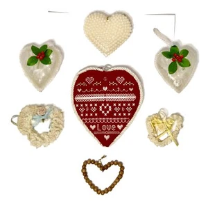 Lot/7 Vintage Handmade Heart Shaped Ornaments Beads Lace Ribbon Valentines Day - Picture 1 of 8