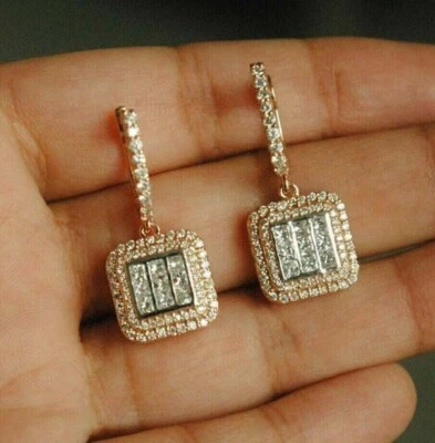 Pendientes colgantes/gotas de diamantes simulados de corte princesa para mujer enchapados en oro rosa de 14 k Foto 1 de 4