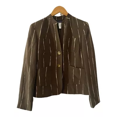100% Silk Jones New York Coffee Brown Stripe Jacket Blazer Lined  Pockets Size 4 - Image 1 of 4