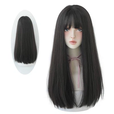 Long Black Straight Wig for Women Natural Synthetic Wig with Bangs Cosplay Wi... - Image 1 of 4