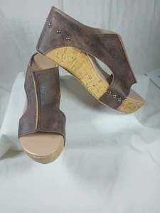 Markenlos Damen Sandalen Slipper Kork Keilabsatz offene Zehenpartie braun Nieten Gr. 37 / 6,5 - Bild 1 von 10