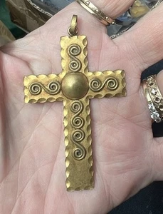 French cross 2¾” Crucifix Necklace Brass Celtic Gold Pectoral Modern Irish - Picture 1 of 9