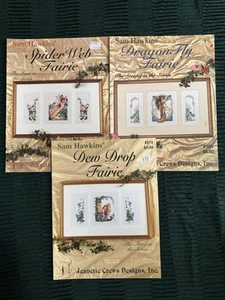 Three (3) Sam Hawkins cross stitch Fairies-Dew Drop, Dragon Fly & Spider Web-NEW - Picture 1 of 4