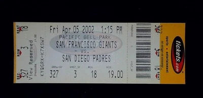 Boleto Bonds Walk Off HR #572 Padres Gigantes apertura en casa sin usar MLB sin usar 5/04/2002 Foto 1 de 2