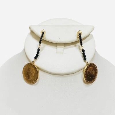 Brincos Bellezza Bronze Itaor 20 liras moeda preto espinélio pendurado perfurado - Imagem 1 de 4