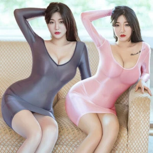 Women's Oiled Shiny long-sleeve Stretch Dress see through Skirt buttocks Bodycon - Picture 1 of 39