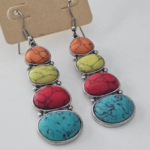 Orecchini Boho Lineari Laureati Pietra Turchese Giallo Rosso Arancione Western NUOVI - Foto 1 di 5