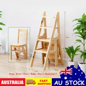 4 In-1 Folding Step Stool Ladder Wooden Chair Bookshelves Kitchen Household HOT! - Picture 1 of 10