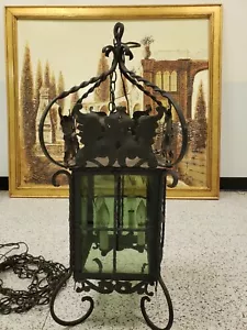 Antique French Wrought Iron 4 Sided Stained Glass Ceiling Lantern - Picture 1 of 7