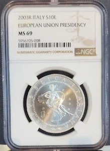 2003 ITALY SILVER 10 EURO S10E EUROPEAN UNION PRESIDENCY NGC MS 69 TOP POP ! - Picture 1 of 3