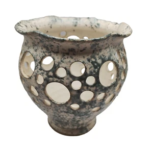 Studio Art Pottery Jar Candle Holder Pot Pourri Rustic Grey Cream Openwork - Picture 1 of 5