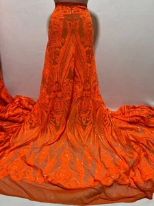 Tessuto pizzo paillettes arancione fluo/tessuto paillettes/paillettes arancioni per ballo di fine anno - Foto 1 di 6