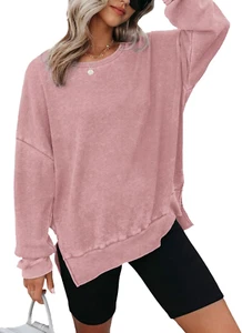 Womens Oversized Waffle Knit Crewneck Sweatshirts Long Sleeve Side Slits Casual - Picture 1 of 12