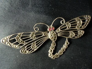 STERLING SILVER .925 DRAGONFLY Brooch Pendant Pin Marcasite Stones Red Gem Eyes - Picture 1 of 9