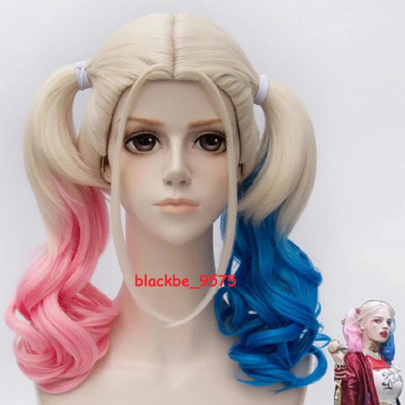Pelucas de utilería de cosplay Harley Quinn de la película Escuadrón Suicida azul rosa degradado cola de caballo  Foto 1 de 4
