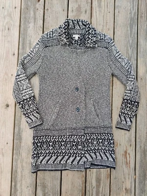 Cárdigan Lucky Brand M Largo Botón Bolsillos Frontales Boho Negro Blanco Midi Azteca Foto 1 de 4
