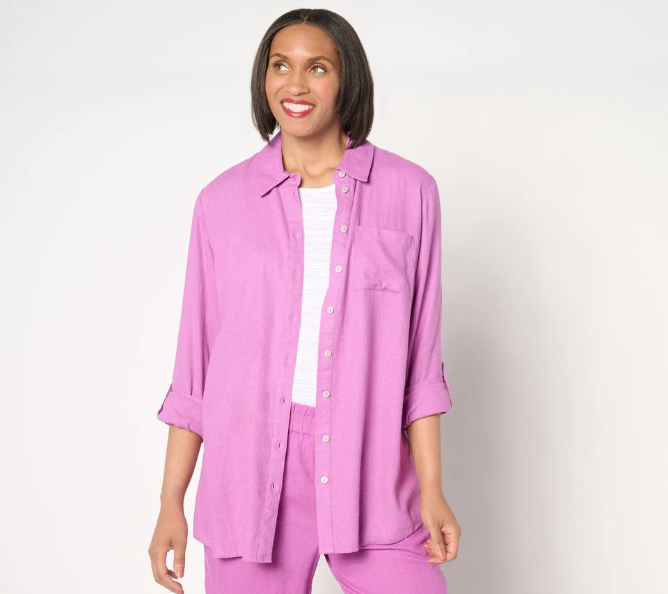 Túnica Denim & Co. Pequena mistura de linho botão frontal orquídea M nova - Imagem 1 de 1