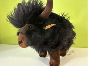 Steiff Jackie Yak Black Highland Cow Ear Button Original Tags #064852, 15” Long - Picture 1 of 14