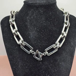 VTG Ralph Lauren Necklace Signed Runway Chunky Chain Link Solvertone Leather 17” - Picture 1 of 5